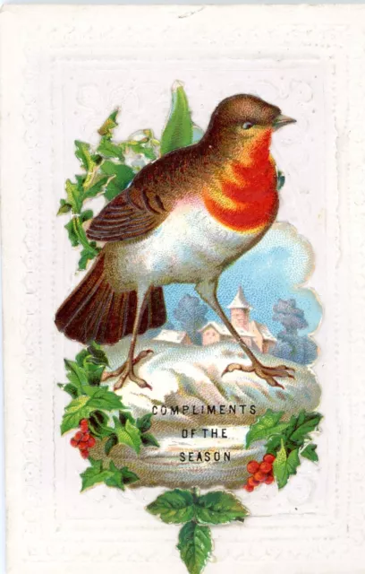Christmas Card robin red breast bird snow butterfly die cut antique Victorian #4