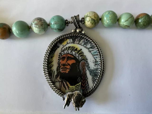 Kathy Elson Sterling Silver Native American Chief & Buffalo W Turquoise Necklace