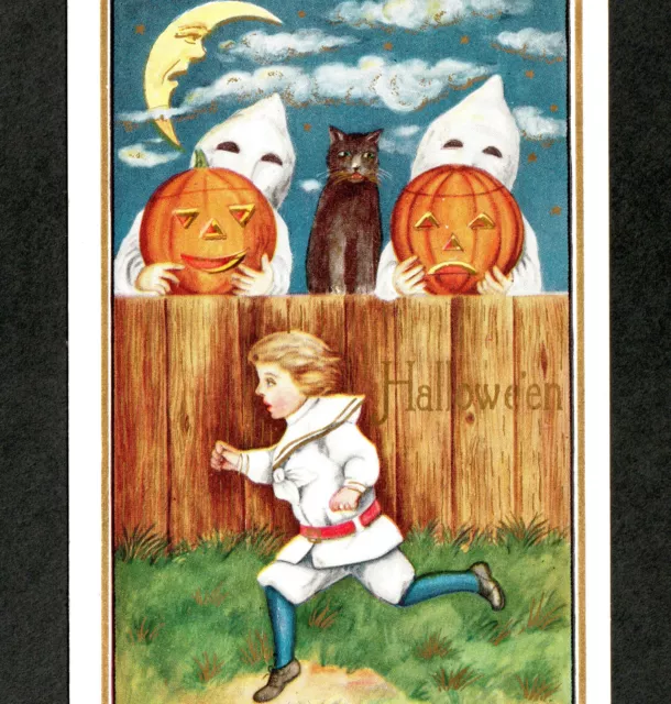 Halloween Ghost Spooks Pumpkin Jack-O-Lantern Cat Whitney WH43-2 CLEAN PostCard
