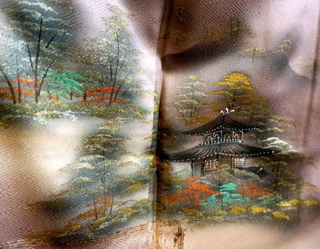 Japanese kimono  "Iro-TOMESODE", Gold leaf, Foggy landscape, Crests,L5' 3"..2979 3