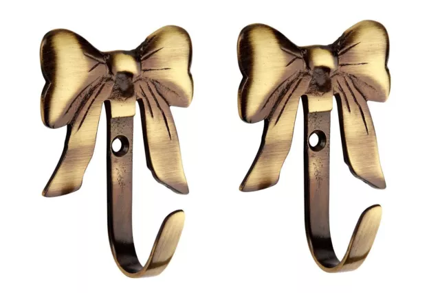 Set of 2 Bow Antique Brass Multipurpose Wall Wooden Mounted Hook Hanger