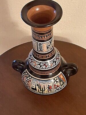 Cusco Peru Pottery Native Art Hand Painted Ceramic Aztec Llama Vase 7 1/2”