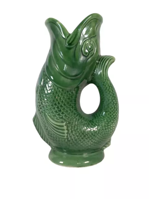 Vintage Green Gurgling Fish Pottery Mouth Pitcher Vase  Dartmouth England 9.5"