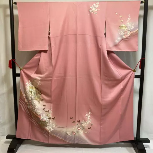 8762# kimono japonés Vintage bata de seda pura tradicional rosa 161cm