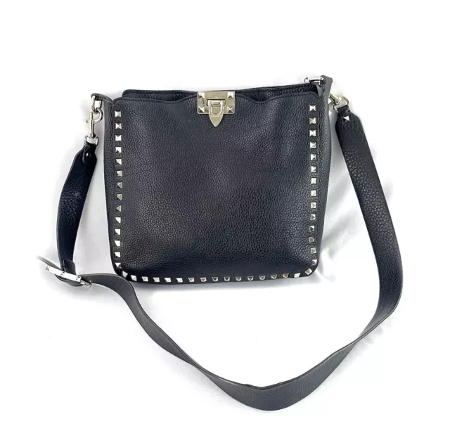 Valentino Auth Black Pebbled Leather Rockstud Crossbody Bag Shoulder Bag Handbag