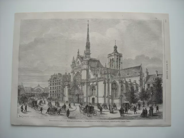 Gravure 1868. Paris. Boulevard De Strasbourg. Facade De L'eglise Saint-Laurent..