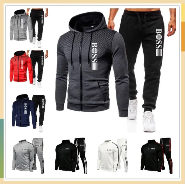 2Pcs Mensboss Full Zip Tracksuit Hoodie Jogger Sweatshirt Jacket Pants Sets//M,L