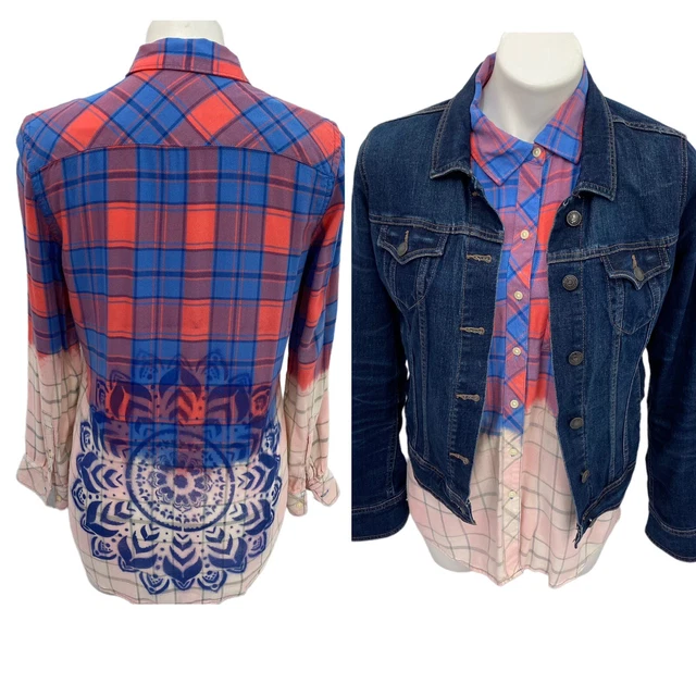 Gap Womens Plaid Button Up Top Small Upcycled Bleach Ombre Stencil Long Sleeve