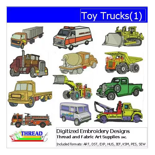 Embroidery Design Set - Toy Trucks(1) - 12 Designs - 9 Formats - USB Stick