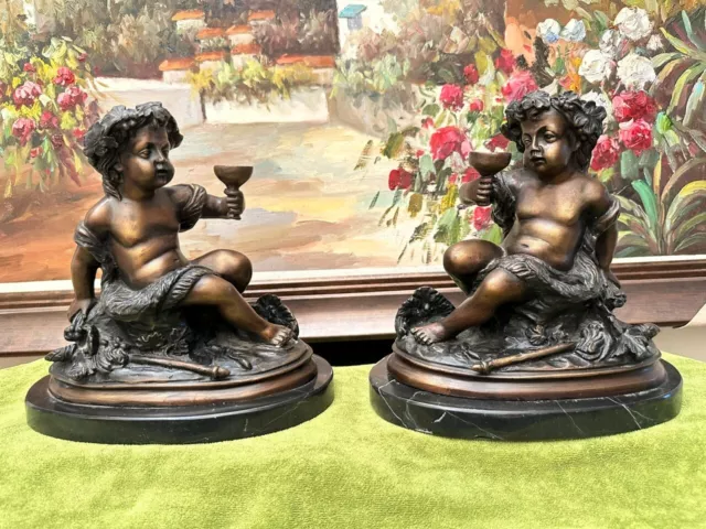 Pair of Bronze Sculpture Cupid Cherubs Statue Signed by A.Moreau Marble Base