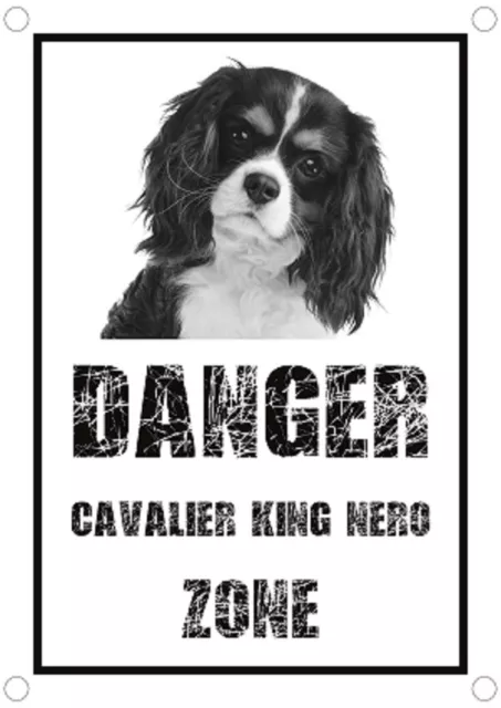 TARGA CARTELLO ATTENTI AL CANE - Danger CAVALIER KING NERO zone