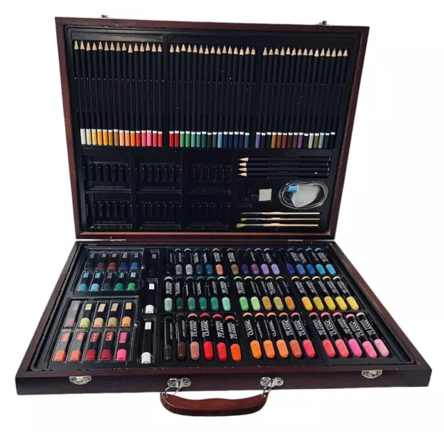 SHIPS FREE Studio Art Set Pencils, Paints, Pastels, Markers & Wood Storage Case.