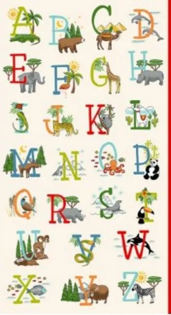 24" X 44" Panel ABC ABC's Alphabet Animals Kids Cotton Fabric Panel D775.07