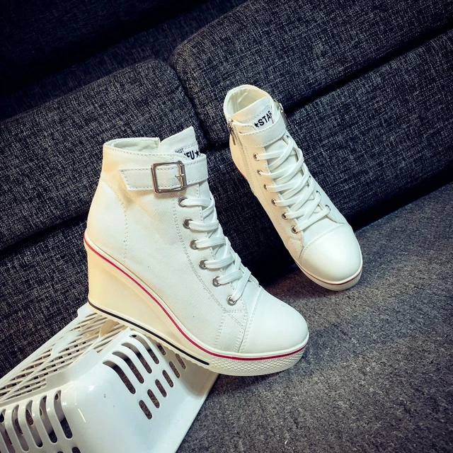 Lady's High Top Wedge Heel Sneakers Women Pumps Lace Up Sport Canvas Shoes New