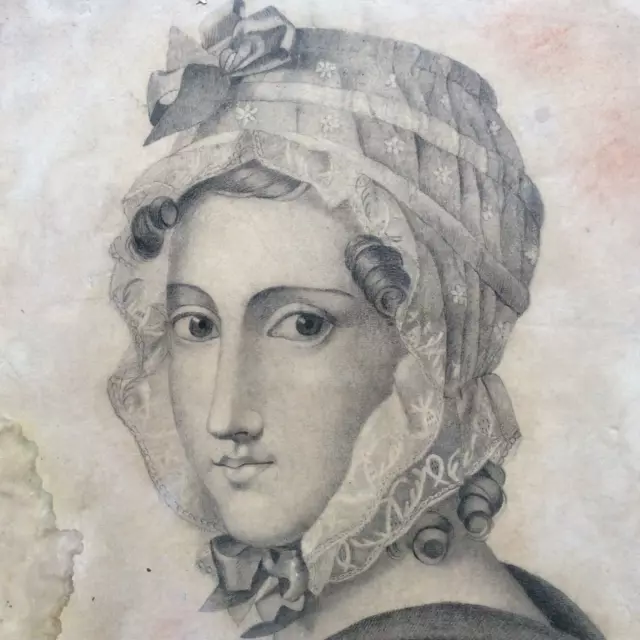 Dessin Original Fusain Portrait Jeune Femme à la Coiffe 1820 XIXème