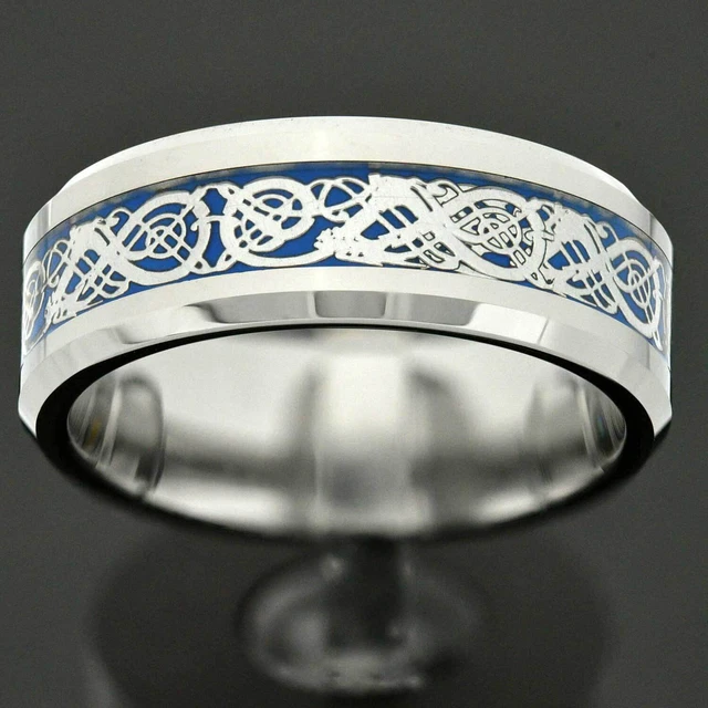 8mm White Tungsten Carbide Celtic Dragon Inlay Bevel Men's Jewelry Wedding Band