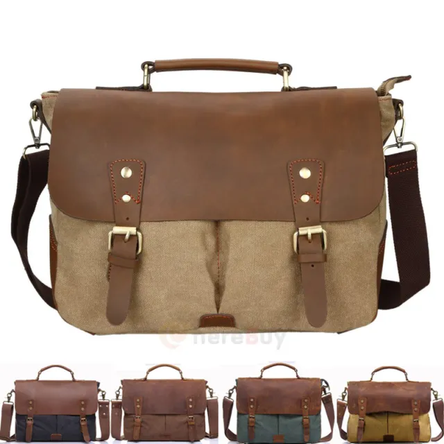 14" Men's Leather Canvas Messenger Shoulder Bag Satchel Laptop Crossbody Bags US