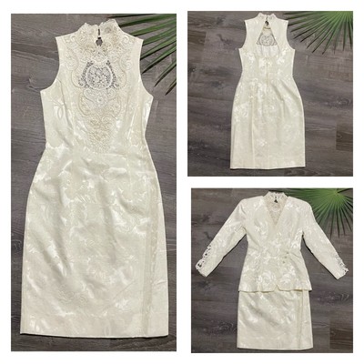 Vintage Jessica McClintock Dress Suit 0 2 Brocade Ivory Lace Blazer Bridal 90s