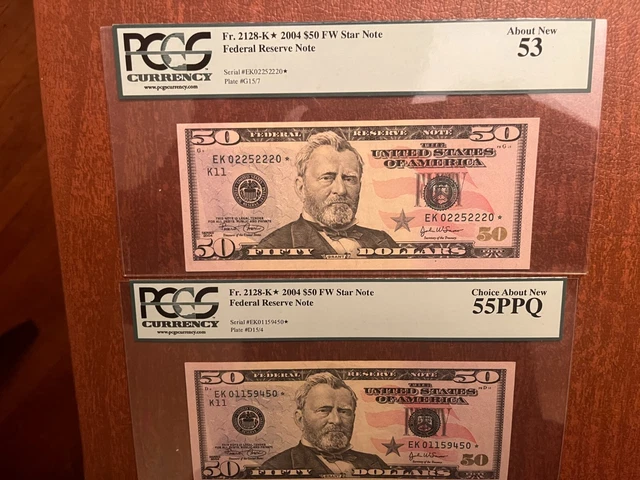 Lot of Two $50 2004 Dallas Star PCGS 53-55 PPQ Fr 2128-K
