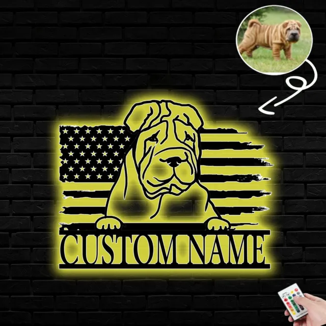 Personalized Chinese shar-pei Dog American Flag Metal Sign Led Lights Custom