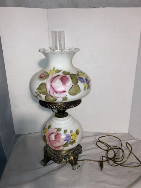 Vintage 1967 Gone With The Wind Hurricane Lamp Painted Pink Rose Parlor Table￼￼