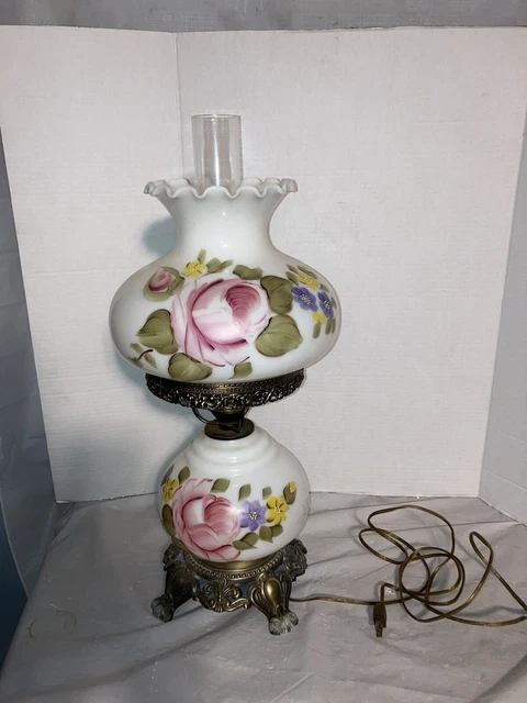 Vintage 1967 Gone With The Wind Hurricane Lamp Painted Pink Rose Parlor Table Vintage 1967 Gone With The Wind Hurricane Lamp Painted Pink Rose Parlor Table