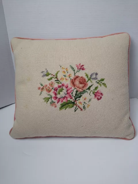 Needlepoint Throw Pillow Floral With Dust Rose Back. Lovely. Read description