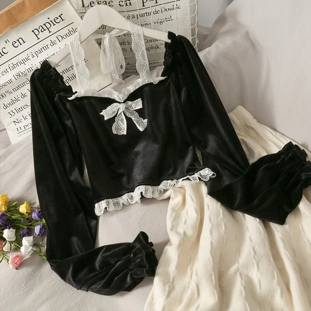 Donna Pizzo Velluto Velour Ritagliata Top Camicetta Canotta Manica Lunga Punk