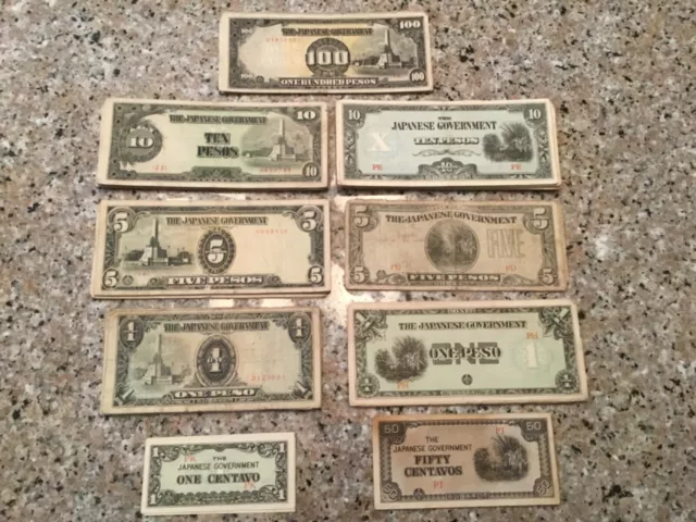 Japanese Invasion Money ** Lot Of 111 Notes** 1, 5, 10, 100 Pesos - 1&50 Cents