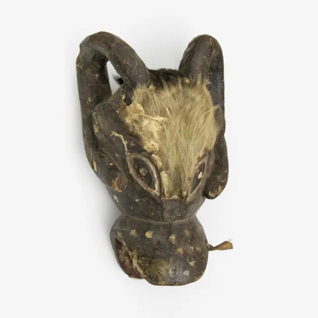 Vintage African Bamileke Mask Carved Wood Animal Fur Hid Tribal Buffalo