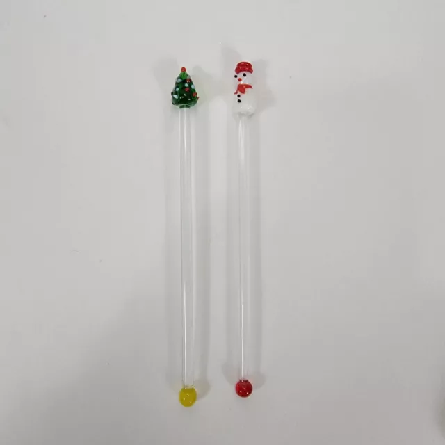 Art Glass Christmas Stir Sticks Swizzle Stirrers Christmas Tree and Snowman  VTG