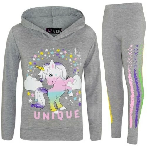 Bambine Dabbing Unicorn Unico con Cappuccio Grigio Top & Set Leggings Floss