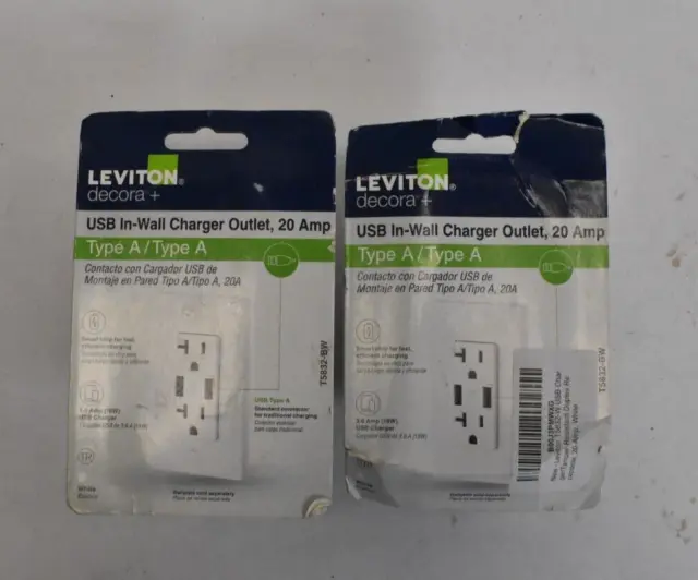 Lote de 2 combinaciones de toma dúplex y toma USB Leviton T5832-BW Decora