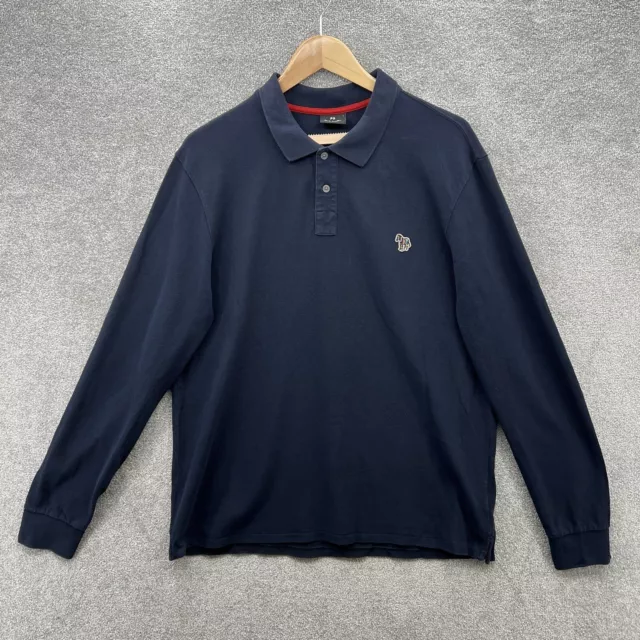 Paul Smith Polo Shirt Mens Large Blue Zebra Logo Long Sleeve Classic Cotton