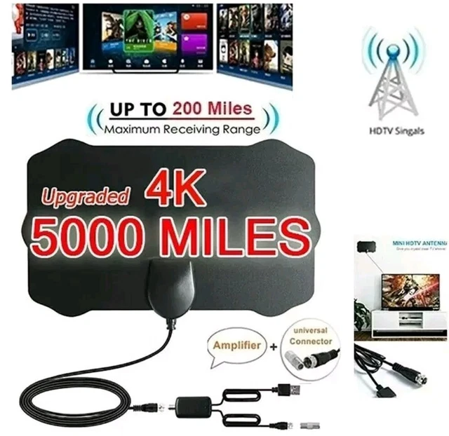 Antenna TV Digitale Interna/Esterna Amplificata 500 Miglia, 4K HD 1080P, UHF VHF, Cavo 5m