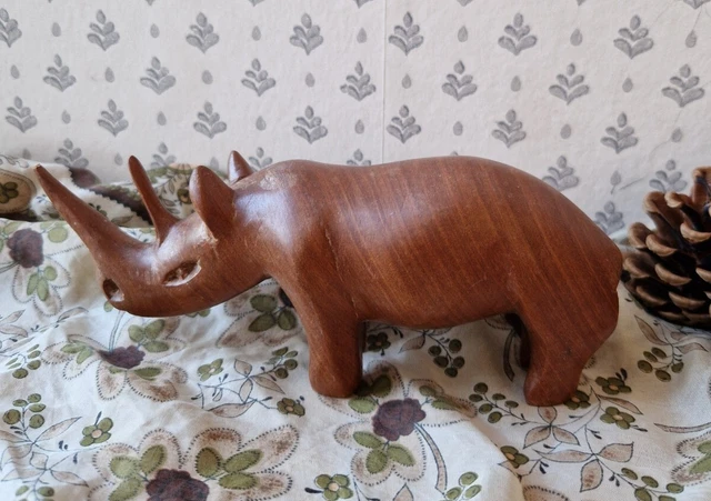 Vintage handgeschnitztes Holz Nashorn Tier Figur Ornament Teakholz Mcm