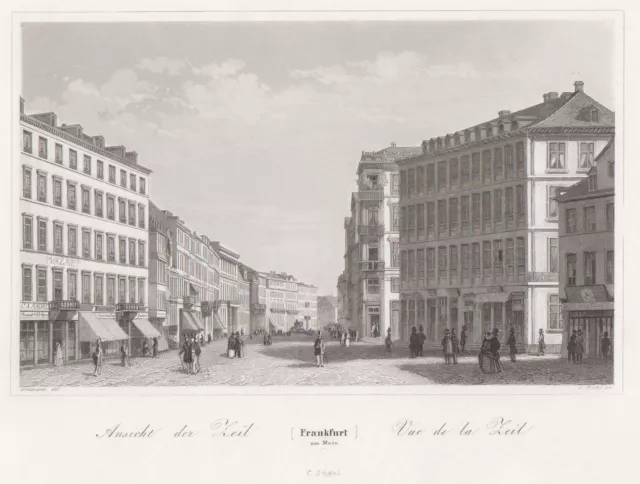 Frankfurt Zeil Original Grabado de Acero Buhl 1850