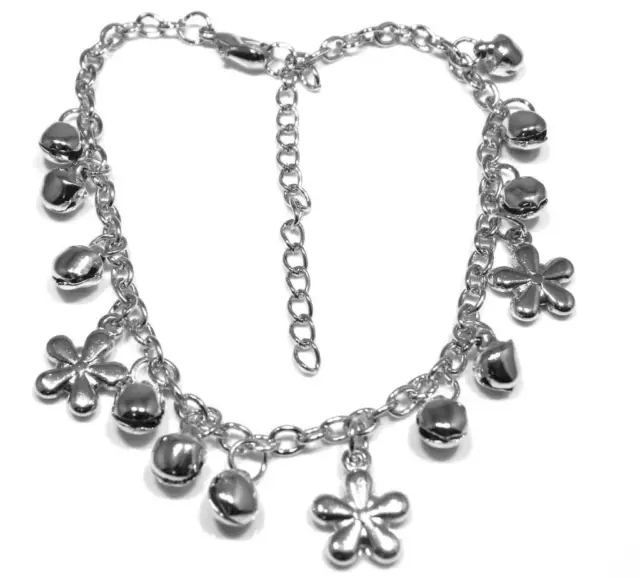 Flower and bell charm anklet in silver plate