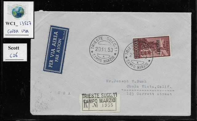 WC1_13527. ITALY: TRIESTE FTT. Cover w. 1950 1000 Lire air mail. Scott C26. Rare