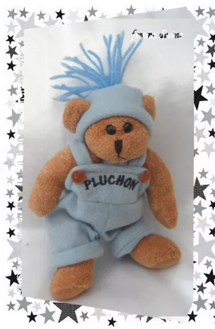 Doudou Peluche Ours Marron Salopette Bleu Pluchon 18 cm