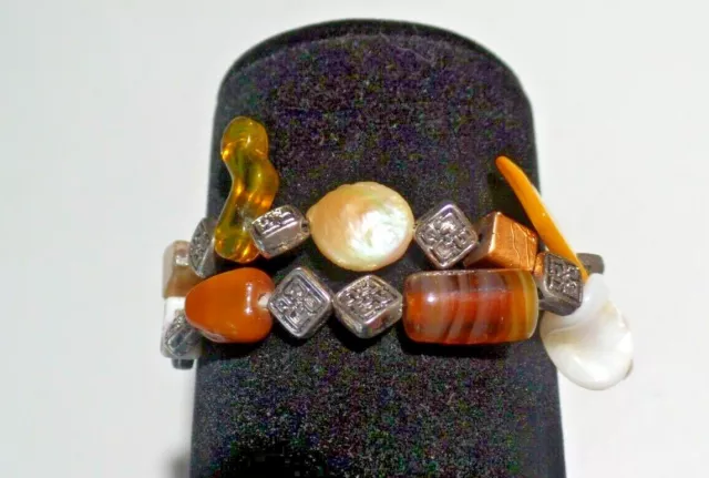 Vtg Silver Tone Intricate Bead & Shell Bracelet Yellows/Browns Toggle Clasp 8162