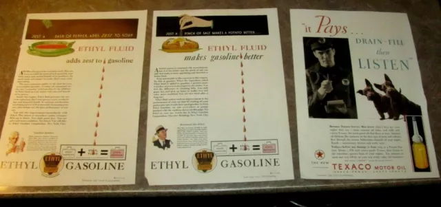 Lot 3 Vintage Automobile Gas Oil Magazine Ads Advertising Texaco, Cadillac V8