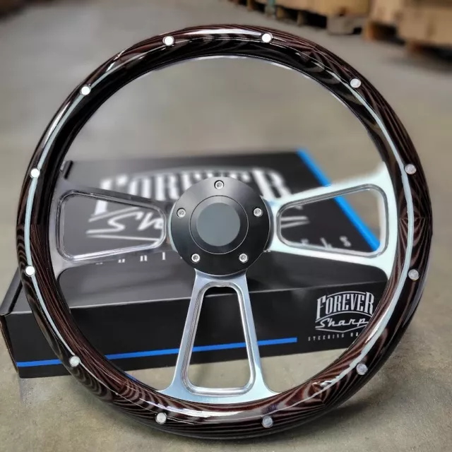 14" Billet Steering Wheel Real Pine Aluminum Rivet Chevy Muscle C10 Ford Hot Rod
