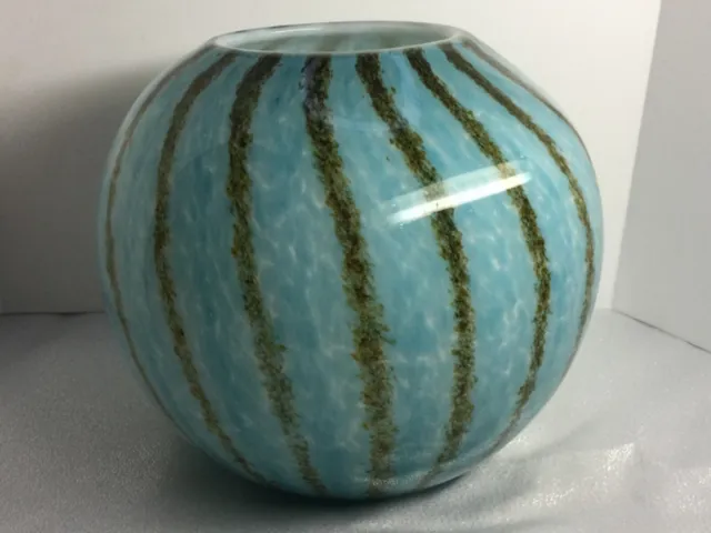 Large Handblown Art Glass Round Vase Bowl 7.5”x 9” White Cased Ocean Blue & Sand