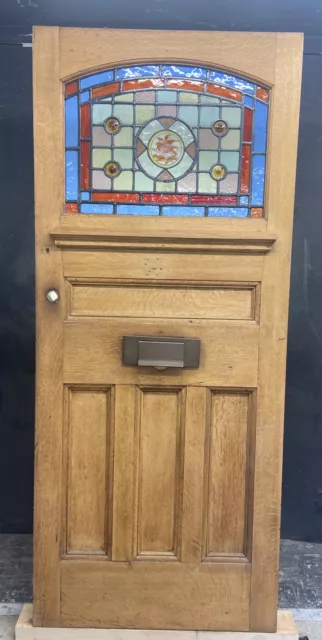 SOLID OAK FRONT DOOR 20s 30s STAINED GLASS PERIOD RECLAIMED OLD ANTIQUE BIRDS