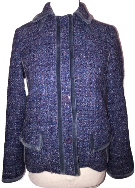 MARC JACOBS Purple Blue Bouclé  Tweed Wool Blend Jacket Velvet Piping  Sz 2