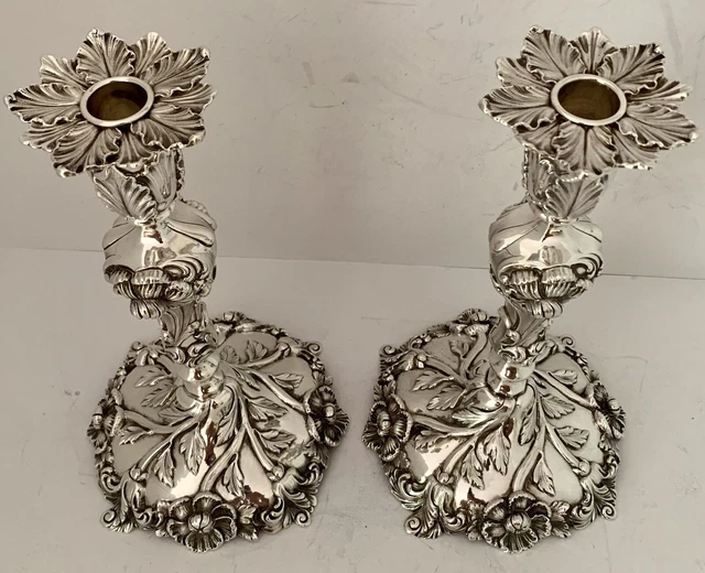 Fine Pair Solid Cast Sterling Poppy 11" Candlesticks Candle Holders Black Starr