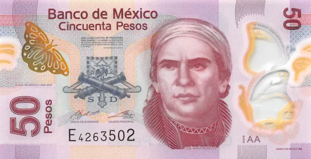 Mexico 50 Pesos 2017 P-123Aaa Serie AA Prefix E Polymer Banknote Unc