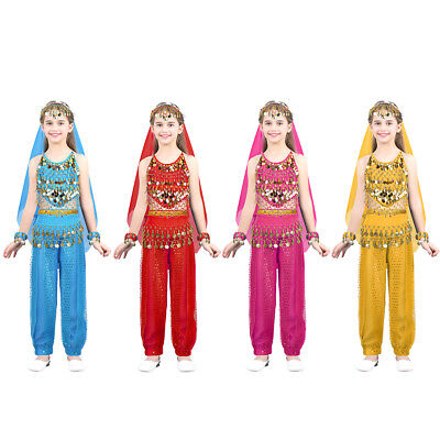 Girls Belly Dance Costume Sequin Outfit Halter Top Pant Chain Headwear Bracelets