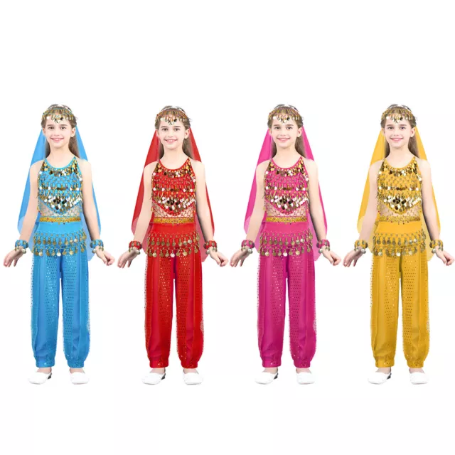 Girls Belly Dance Outfit Tops+Harem Pants Hip Scarf Set Arabian Princess Costume